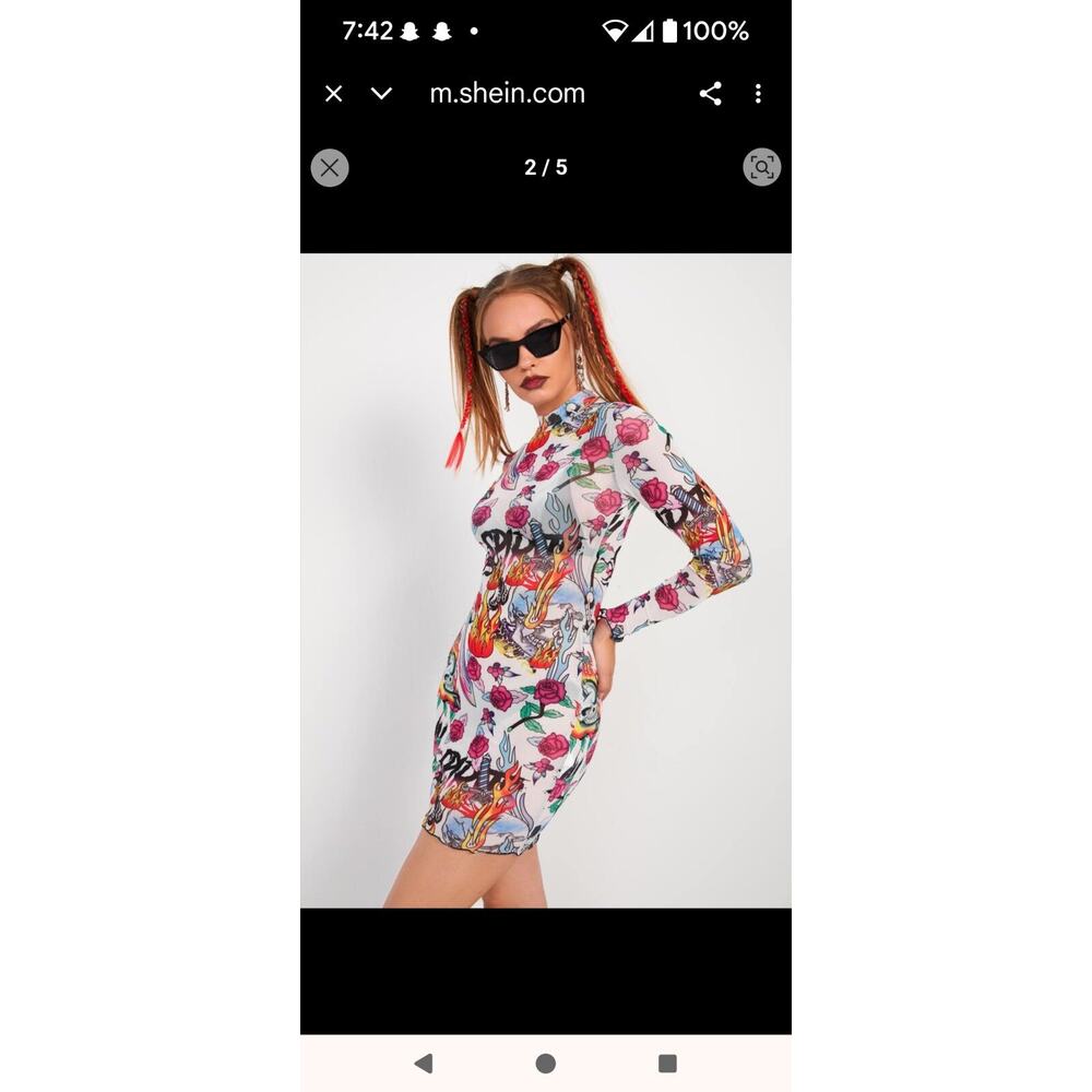 Mini Mesh Dress Sz XS Fire and Floral print Shein Dopamine Dressing Rockabilly - Picture 5 of 7